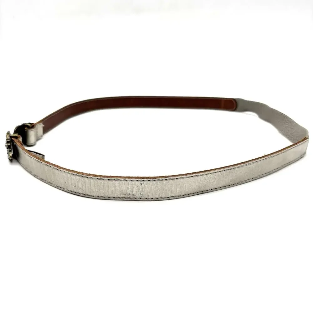 Y2K Fossil Silver Leather Brass Rhinestone Buckle Stretch Waist Belt L 36-38